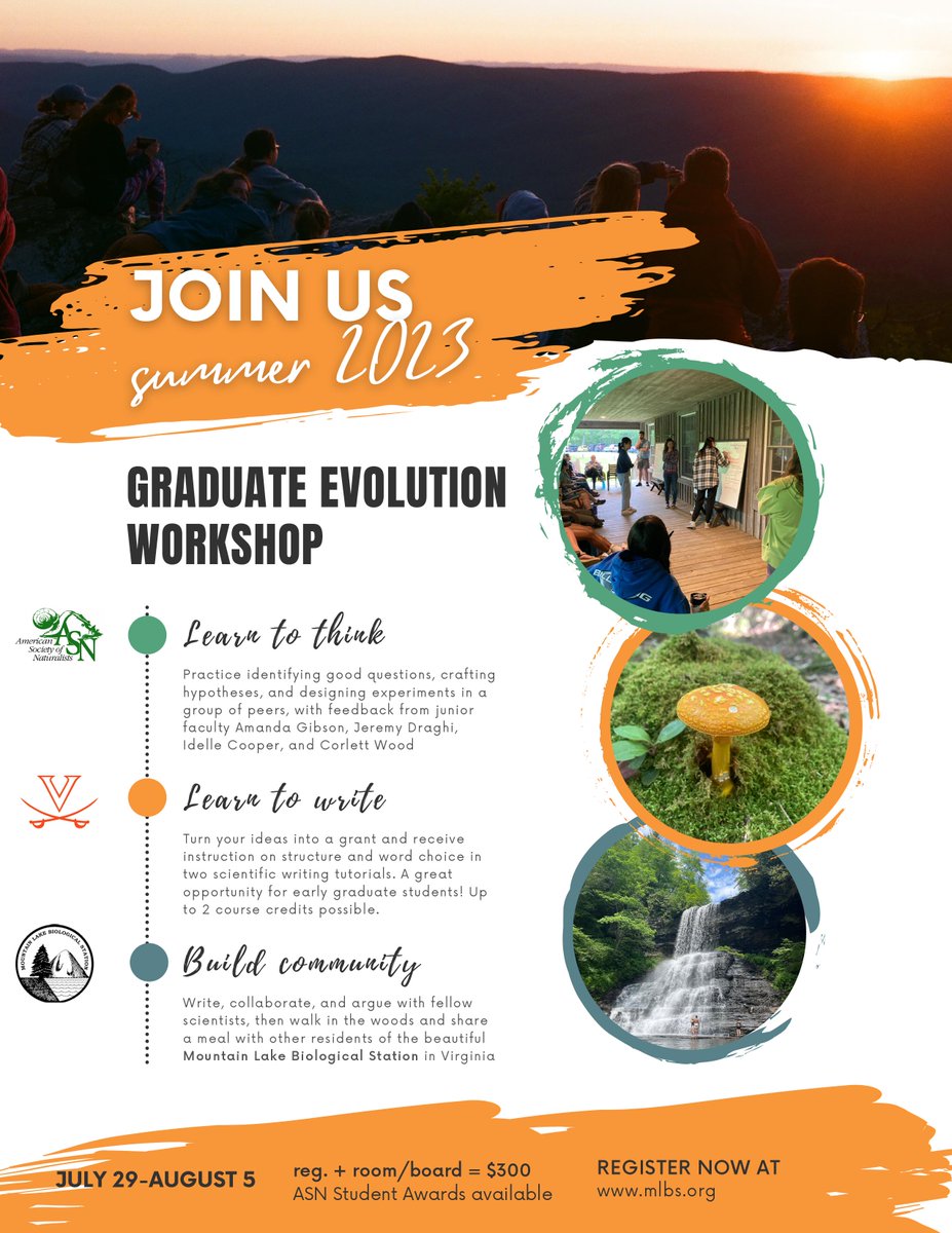 #Evol2023 Just a couple spots left in our graduate evolution workshop @MLBS_UVA! Join me, @jeremydraghi, @idelle_cooper, and @corlettwwood from Jul 29-Aug 5 for a week of evolutionary thinking, science writing, and time outdoors! @ASNAmNat funding! mlbs.virginia.edu/evolutionary-b…