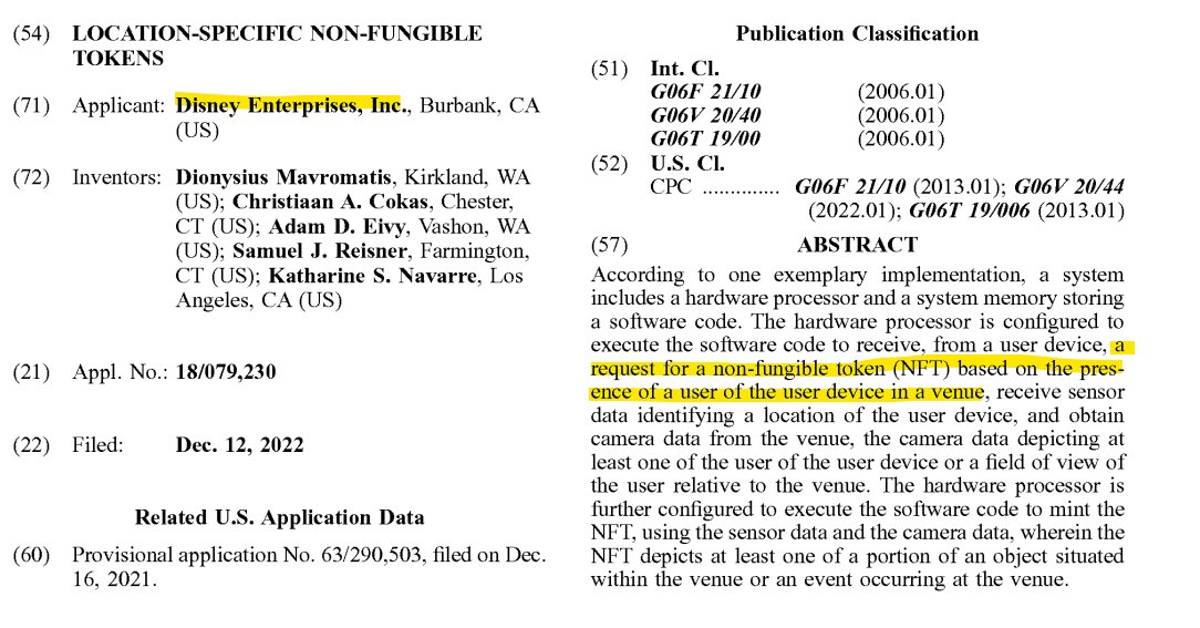 sarconstupid's tweet image. Today, June 22, Disney location based NFT patent was published. A request for NFT based on the presence of a user in a venue. #veve #vevefam 

#vevefam - Does this NFT looks familiar? Probably nothing @Partnerstatue
