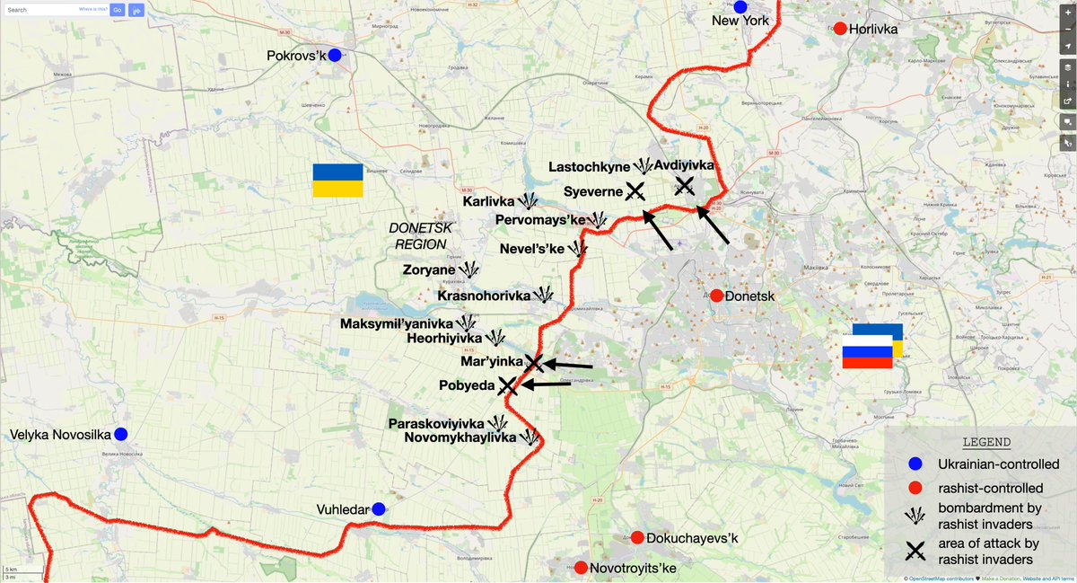 Around the temporarily-occupied city of Donetsk, the Russian fascist invaders conducted unsuccessful offensive actions in the areas of Avdiyivka, Syeverne, Mar'yinka and Pobyeda.

They carried out airstrikes on Avdiyivka, Nevel's'ke and Krasnohorivka.

1/2