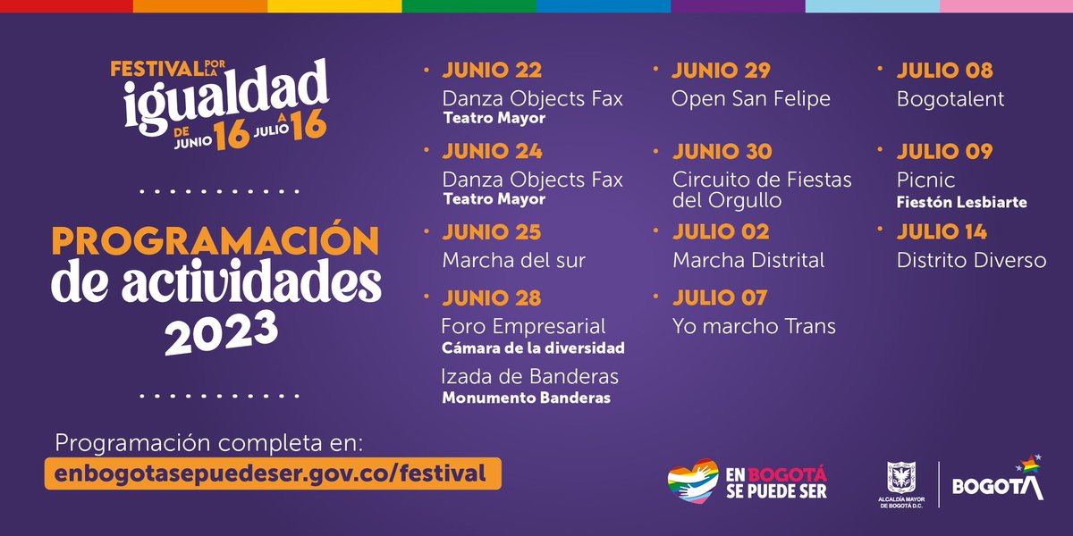 Nuestro Festival por la Igualdad🏳️‍⚧️🏳️‍🌈 avanza con eventos culturales maravillosos para celebrar que #EnBogotáSePuedeSer.

Conozcan toda la programación 👇 enbogotasepuedeser.gov.co/festival/ y disfrútenla.

#OrgulloBogotá 
#BogotáEsDiversidad 🏳️‍🌈