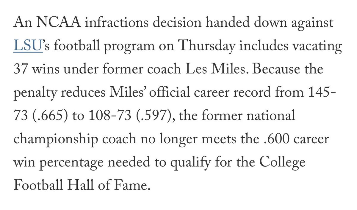 A single additional win at any point in his career would keep Les Miles at or above the (completely arbitrary) .600 requirement.