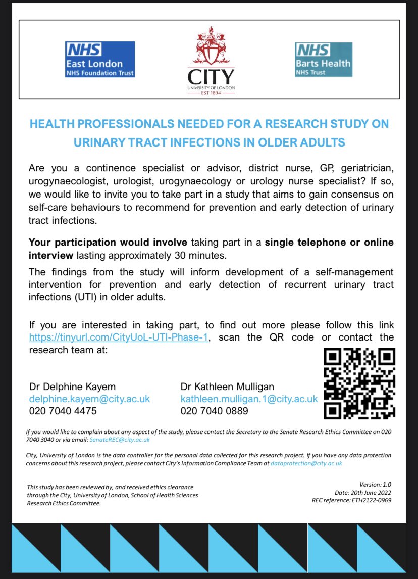 Health professionals needed for a research study on UTIs. Are you a physiotherapist, nurse or medical professional who works with older adults at risk of recurrent UTIs? The research team would love to hear from you. To read more about the study tinyurl.com/CityUoL-UTI-Ph….
