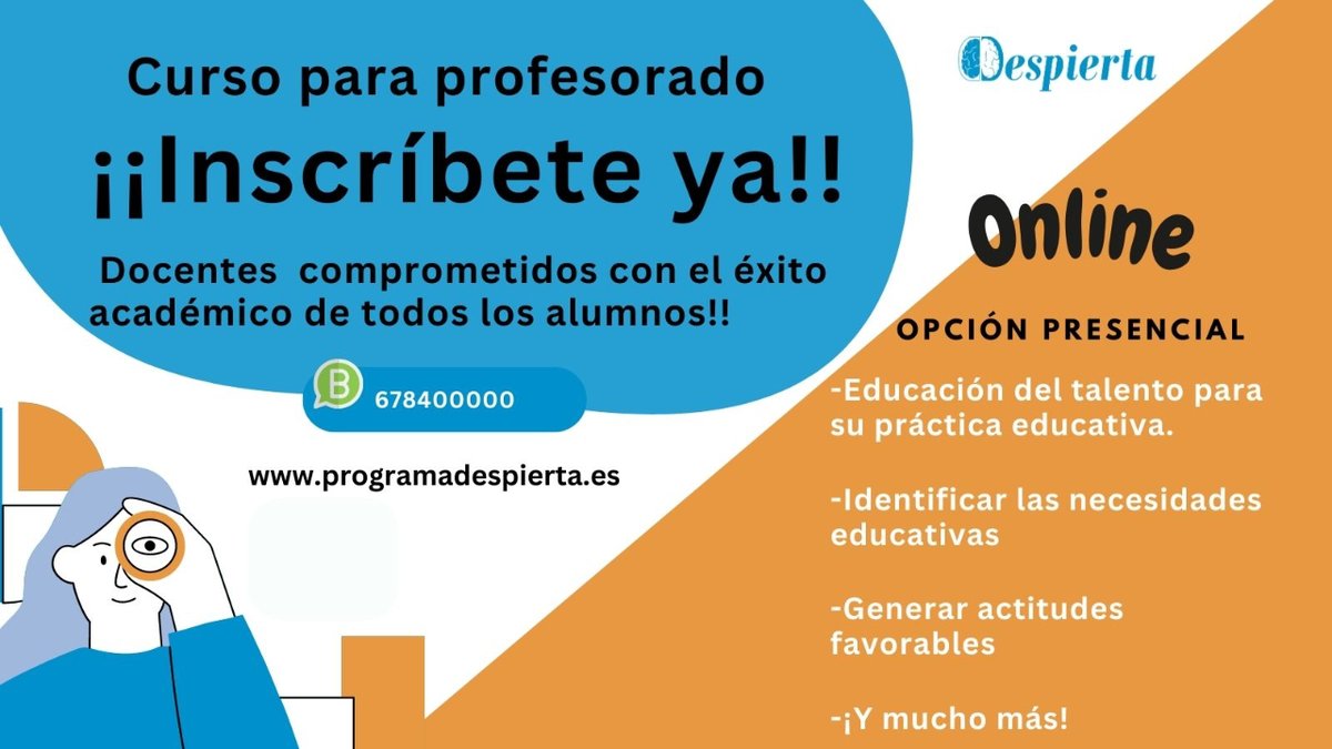 aacc_despierta's tweet photo. 📣 ¡Atención, profesorado! 🎓

¿Quieres brindar a tus estudiantes una experiencia educativa enriquecedora? ¡Tenemos el curso perfecto para ti, ya sea en modalidad online o presencial!
📧 info@programadespierta.es
📞 678 400 000
#EducaciónDelTalento #FormaciónDocente https://t.co/doKlp6cKI0