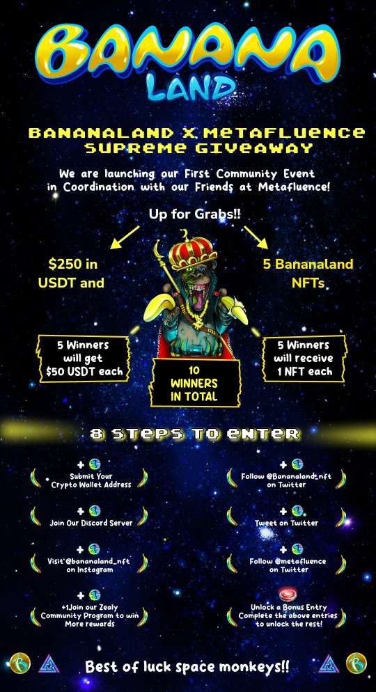 We're doing a collab with our friends over at <a href="/metafluence/">Metafluence</a> 🔥

Wanna win $250 in USDT (you need it in this economy, don't lie 😂), and Bananaland NFTs (on their way to the moon 🚀)??

Link in the comments 👇😉