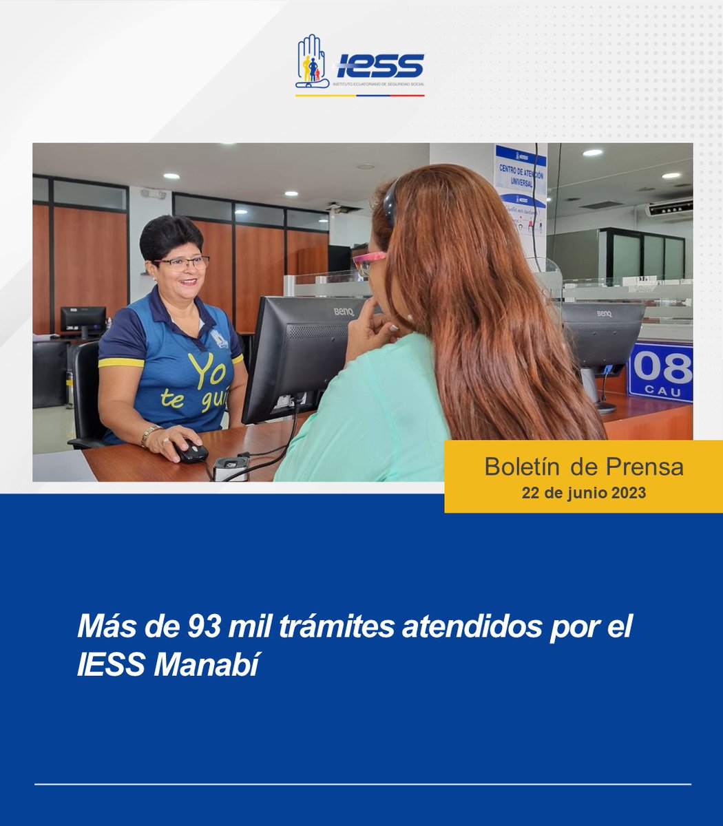 IESS_Manabi's tweet photo. #BoletínIESS | Un promedio de 18 mil trámites presenciales se procesan mensualmente en los Centros de Atención del @IESS_Manabi.👩🏻‍💻

Conoce más detalles ➡️ https://t.co/d17aPLsQrx https://t.co/MnCfHZaLea