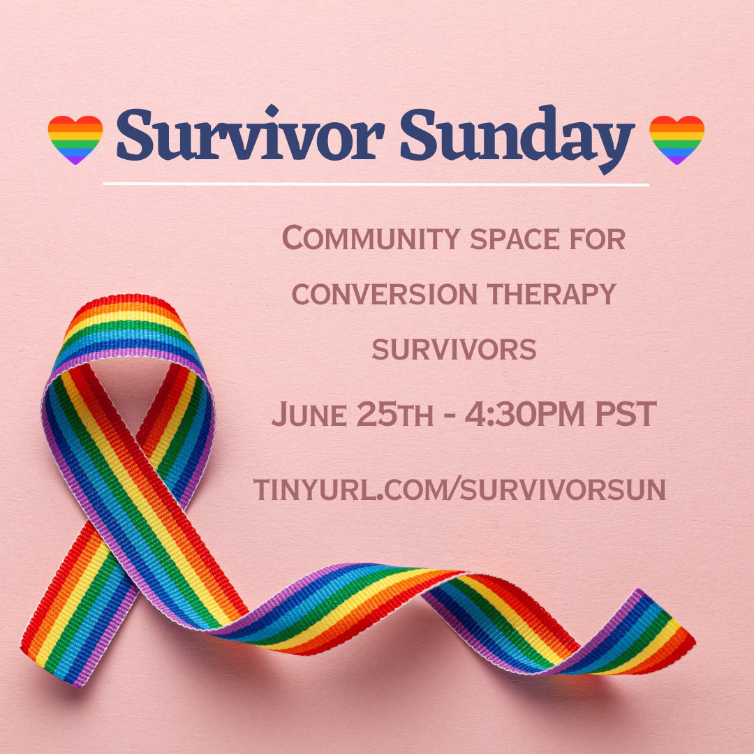 Happy pride month! Survivor Sunday this month takes place on June 25th at 4:30PM PST. We hope to see you there. Remember, you can register by clicking the link in our bio.
#conversiontherapysurvivor #conversiontherapy #lgbtq #survivorsunday #community #supportgroup