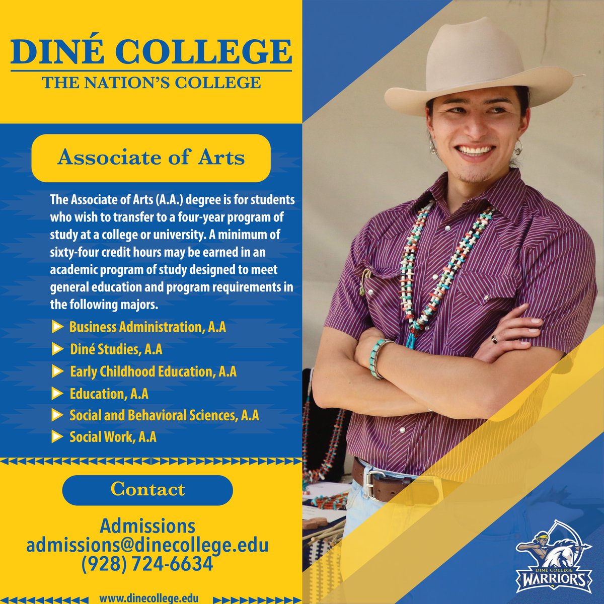 CollegeDine's tweet image. Diné College offers Associate of Arts (A.A.) Degree programs designed specifically for students who plan to transfer to a college or university to continue their education.
Apply online at dinecollege.edu
#AssociateofArts #TransferPrograms #DinéCollege #HigherEducation