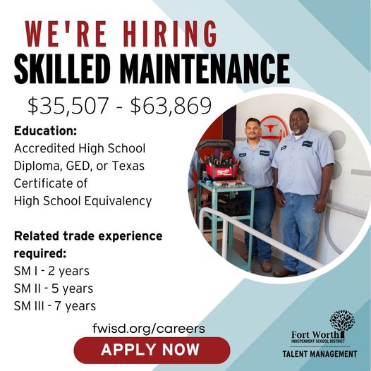 Fort Worth ISD wants you to #UnleashYourPotential
Apply today fwisd.org/careers #skilledmaintenance