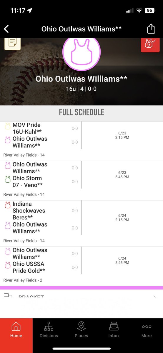 This is my schedule for the Midwest Elite Invite in Marion, OH! We’re playing up to 16U, Can’t wait to see how we matchup to the older players! <a href="/OhioStateSB/">Ohio State Softball</a> <a href="/CoachJenMac/">Jen McIntyre</a> @CoachFentonBG <a href="/BGSUSoftball/">BGSU Softball</a> <a href="/SHUgriffinsSB/">Seton Hill Softball</a> <a href="/TWill6ix/">Tommy Williams</a> <a href="/RMUSoftball/">RMU Softball</a> <a href="/CoachJexx_RMU/">Coach Jexx</a> <a href="/FGCU_Softball/">FGCU Softball</a> @CoachJenna33