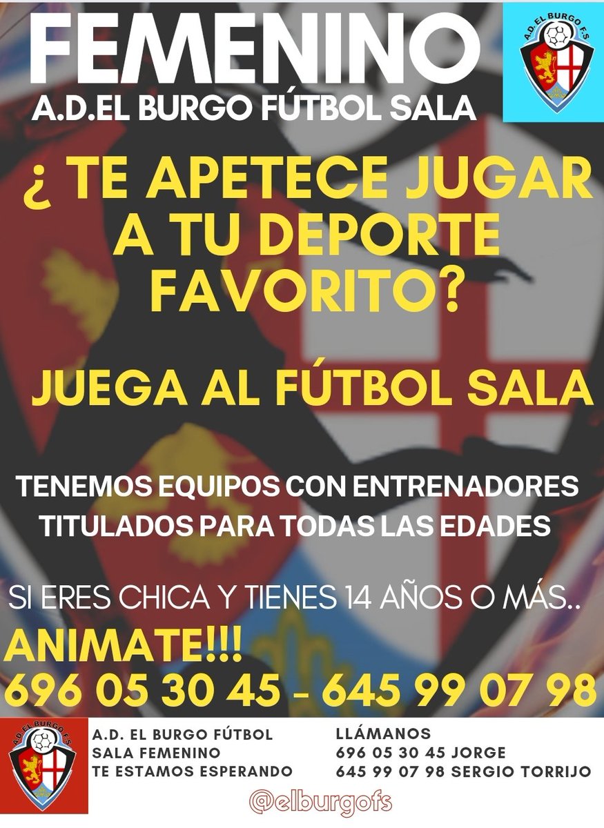 FÚTBOL SALA FEMENINO!! ❤️💙
Si eres chica y tienes más de 14 años, te estamos esperando!!!
Juega a tu deporte favorito con entrenadores titulados para todas las edades! #Zaragoza
#elburgodeebro 

INFORMACIÓN SIN COMPROMISO!
696 05 30 45 JORGE 
645 99 07 98 SERGIO