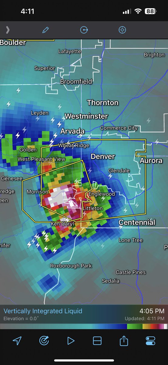 Now is not the time to head home from work if you have to go through the southern #Denver metro. This very dangerous storm is producing hail at least the size of baseballs. That will do significant vehicle damage. #COwx