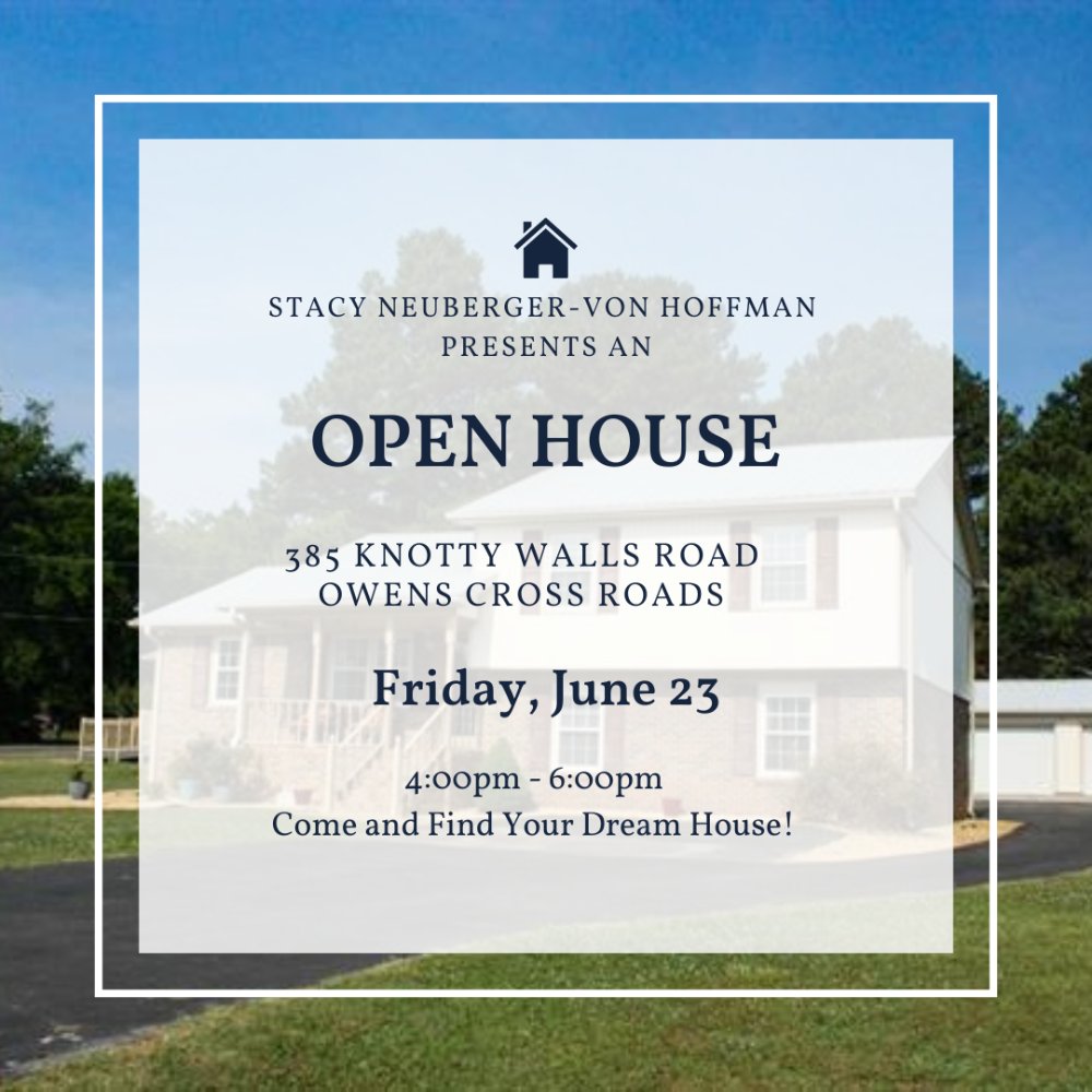 OPEN HOUSE Friday, June 23rd from 4-6pm at 385 Knotty Walls Road in Owens Cross Roads. This new listing has a studio, a sun room, and it has a pool! Listing Agent Nina Soden. #OpenHouse. #RealEstate #RealEstateAgent #AL #NewListing #OwensCrossRoads #AlabamaRealEstate