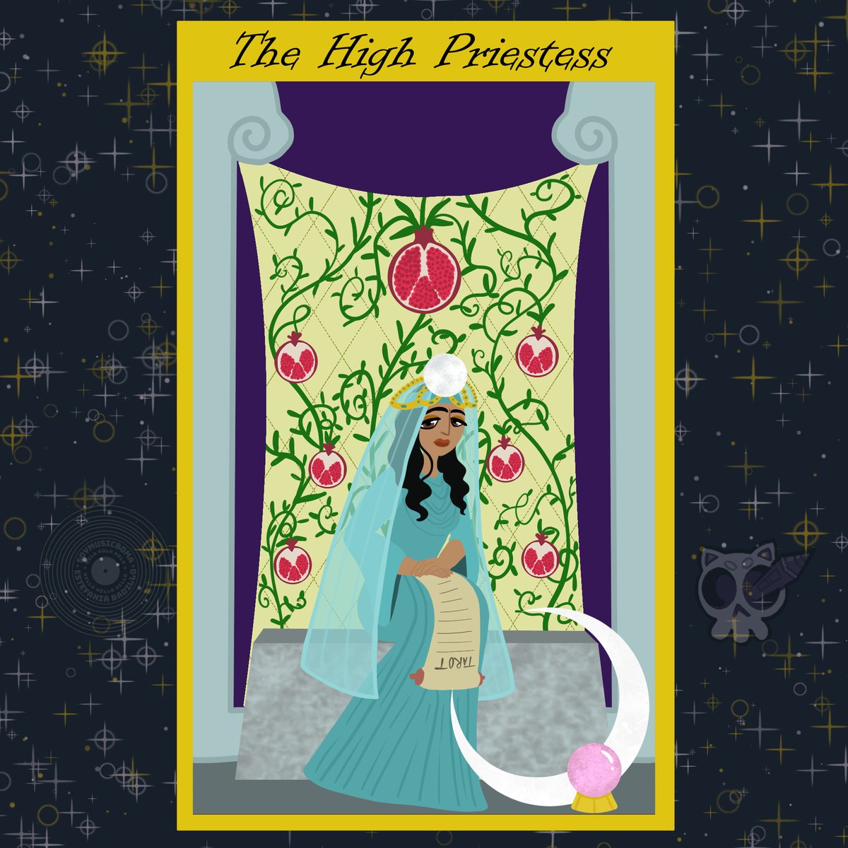 AnimationsMad's tweet photo. The final design from @soymusicbomba for our Tarot Purgatory Episode! She chose to draw her version of the high priestess card! #digitalart #speedpaint #speeddrawing #tarot #tarotcards #highpriestess https://t.co/MzcZ4RKlLM