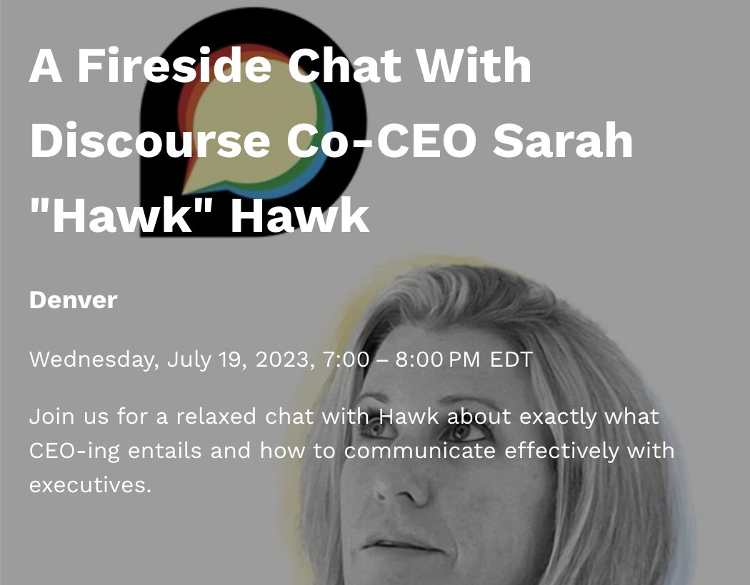 📣 We are excited to announce that our wonderful co-CEO <a href="/ILOVETHEHAWK/">Hawk</a> will be following up her <a href="/CMX/">CMX</a>  Masterclass with a relaxed fireside chat at CMX’s Denver event

If you want to learn what Ceo-ing entails this will be a valuable opportunity!

RSVP here!
events.cmxhub.com/events/details…