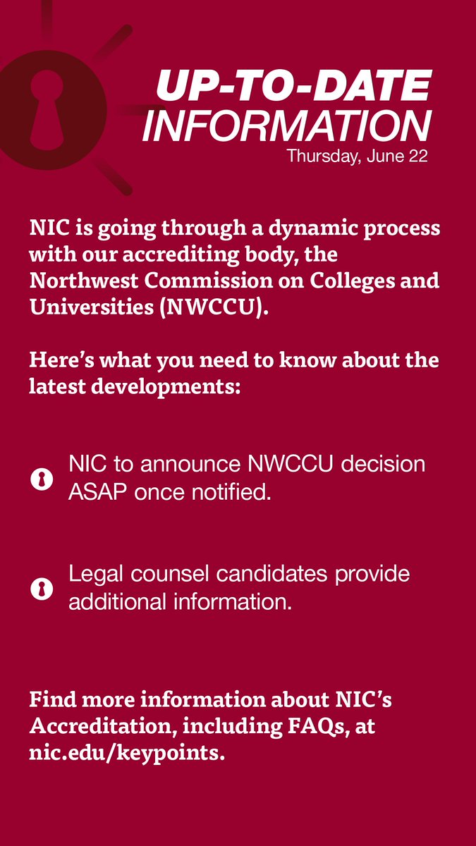 See this week’s Key Points here: nic.edu/keypoints/ 

Find more information about NIC’s Accreditation, including FAQs, and how to sign up for email updates at nic.edu/keypoints.