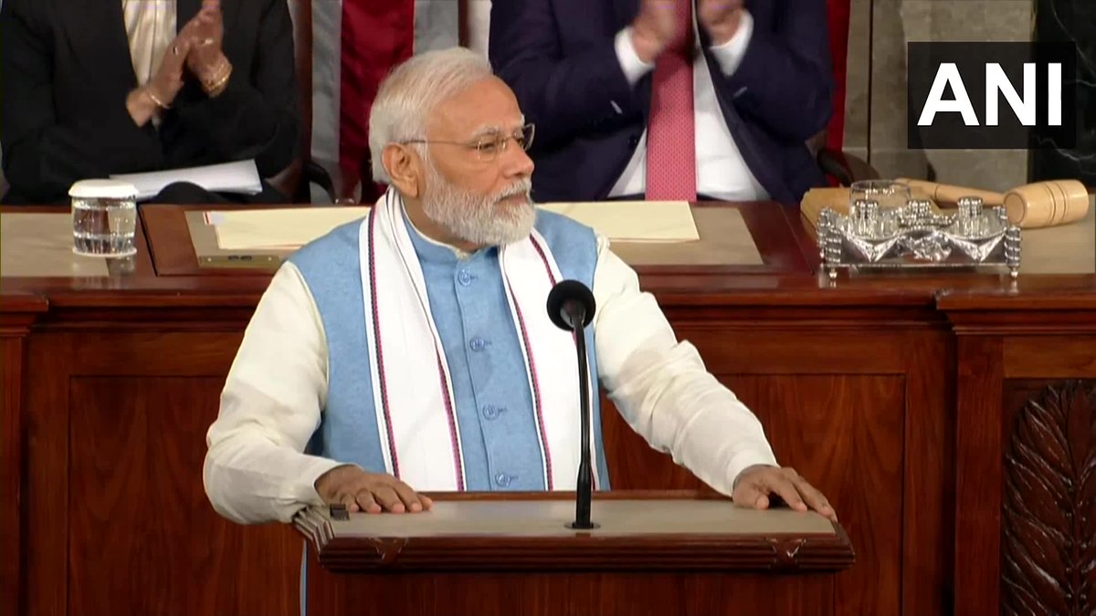 ANI's tweet photo. 15 standing ovations, 79 applauses marked Prime Minister Narendra Modi’s address to the joint session of the US Congress. https://t.co/NeC2l26J47