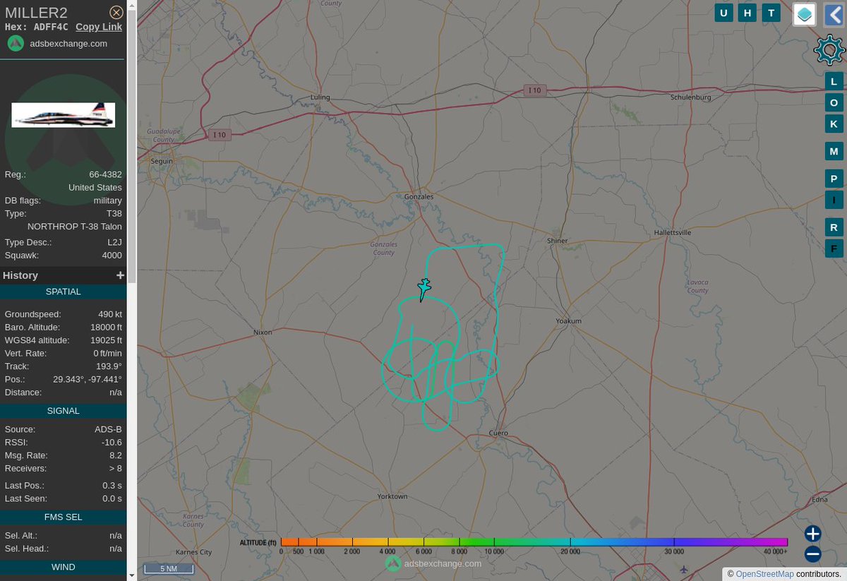 Radar_Assistant's tweet image. MULTI ADSBX MANOEUVRING ALERT : At time Thu Jun 22 22:05:12 2023 #MILLER2  was likely to be manoeuvring at FL163 20nm from OKT Yoakum_NDB_US
 near FM 240, Kubala Store, DeWitt County, Texas, 78164, #AvGeek #ADSB globe.adsbexchange.com/?icao=ADFF4C&amp;amp;z…