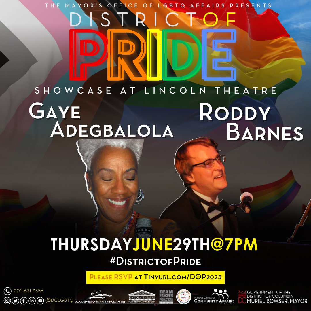 Meet Our #DistrictofPride Headliners
——
Gaye Adegbalola (@gayeblueswoman) and Roddy Barnes

The two have released 6 CDs on HotToddy Music label: “Neo-Classic Blues”

RSVP: tinyurl.com/DOP2023

Read more below ⬇️