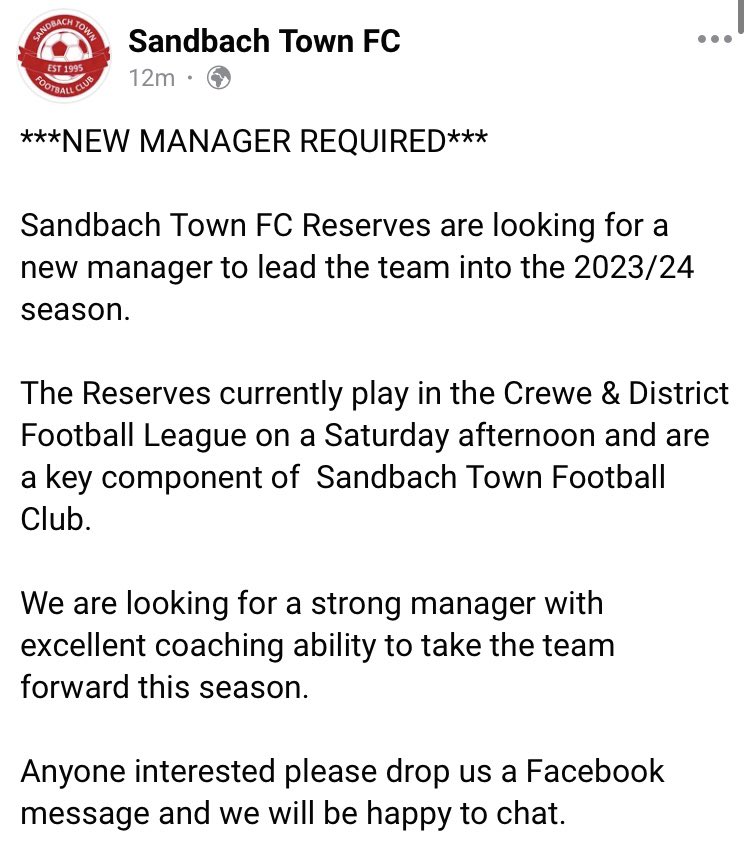 Our Reserves are looking to appoint a new manager - get in touch if interested 🔴 ⚫️