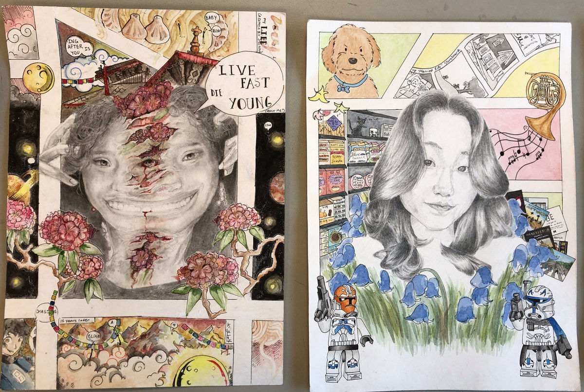 Check out some Gr. 9 visual arts students’ creative self-portraits for their CPT. They had a great semester learning new things and making beautiful art! Congratulations to these Young artists!🎨🎉 <a href="/OLQWCAarts/">Our Lady Queen of the World Catholic Academy Arts</a> @OLQWCA <a href="/YCDSB/">York Catholic District School Board</a> #creativitytakescourage