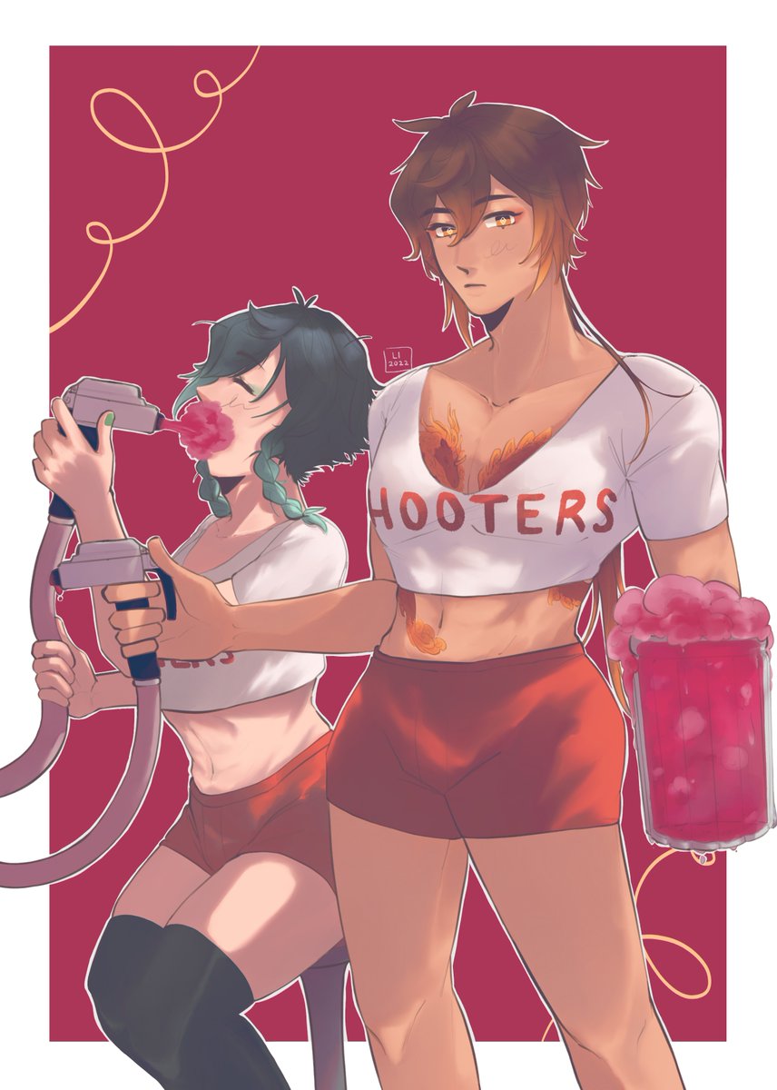 archiv_milk's tweet photo. WOOO I did cafe fruit themed sara (peach), kokomi (rambutan), and Ei (plum) ft yae miko! Thank you so much for having me it was a blast to draw my favorites in a cafe setting! @IcyMilkshakes 

I also helped make hooters a thing here so here are my hooters pieces too! https://t.co/8R8vWzq3uv