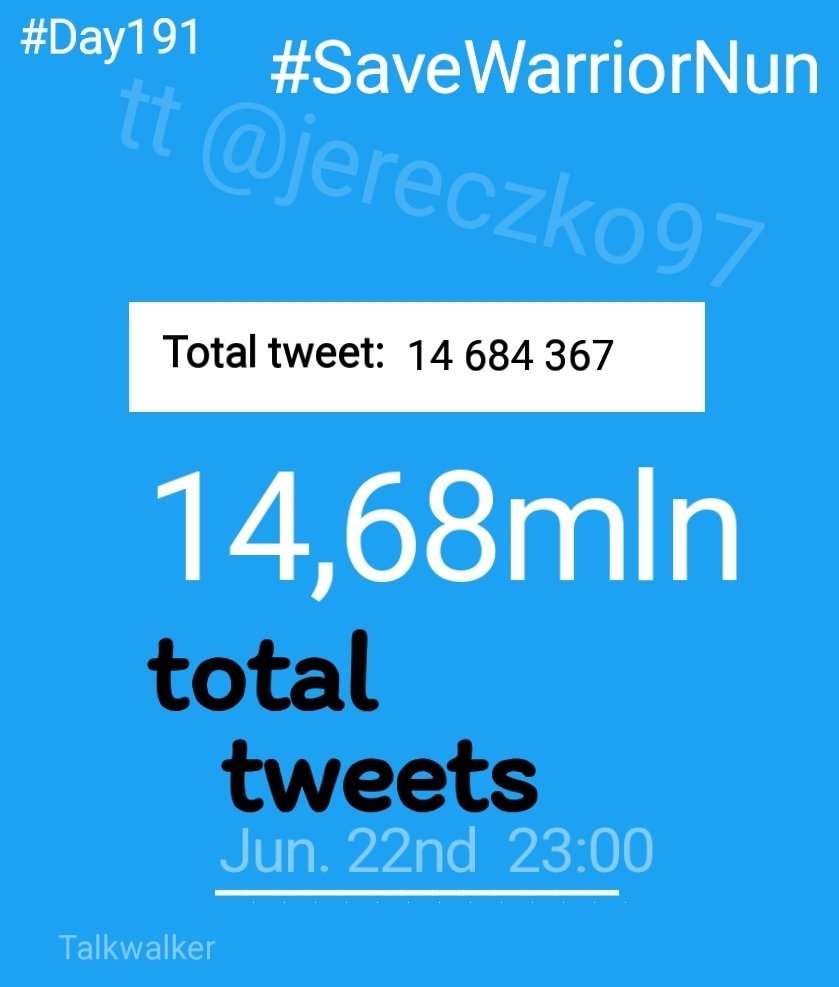 ‼️Hourly report‼️
#Day191st

We have❗14 684 367❗total #SaveWarriorNun tweets!

In last 23 hours we made❗40 308k❗ tweets

22:01-23:00 GMT+2 
In one hour we made❗1,5k❗(-1,2k📉) tts  

Road to 1️⃣5️⃣mln - we have❗315 633❗ tweets left

OTTER NUNSENSE NETFLIX 
#WarriorNun