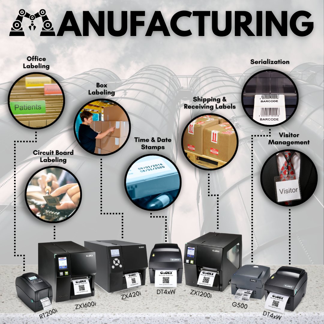 GoDEXAmericas's tweet photo. #GoDEX #ThermalPrinters In Manufacturing 🏭

#Serialization, #BoxLabeling, #CircuitBoardLabeling, #Shipping &amp; #ReceivingLabels, etc.. #Barcoding technology is an essential component of a successful #manufacturing #business. https://t.co/203UuRNhuC