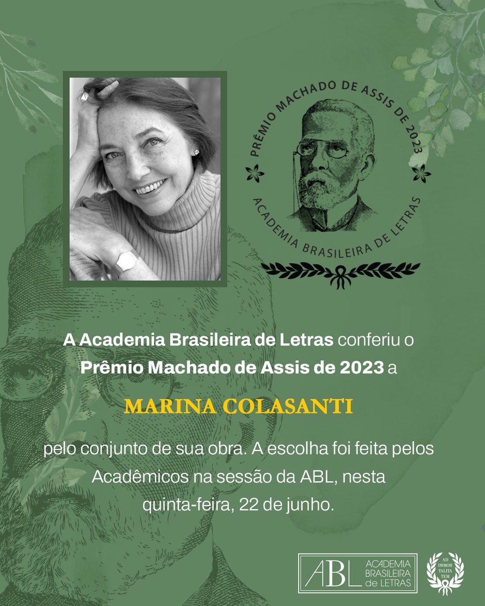 abletras's tweet photo. É com imenso orgulho que anunciamos a vencedora do Prêmio Machado de Assis 2023: Marina Colasanti! 🎉📚✨
Parabenizamos, em nome da ABL, Marina Colasanti pela conquista e desejamos que sua jornada literária continue a inspirar e encantar os leitores por muitos anos vindouros. https://t.co/lNCj5hFMvn