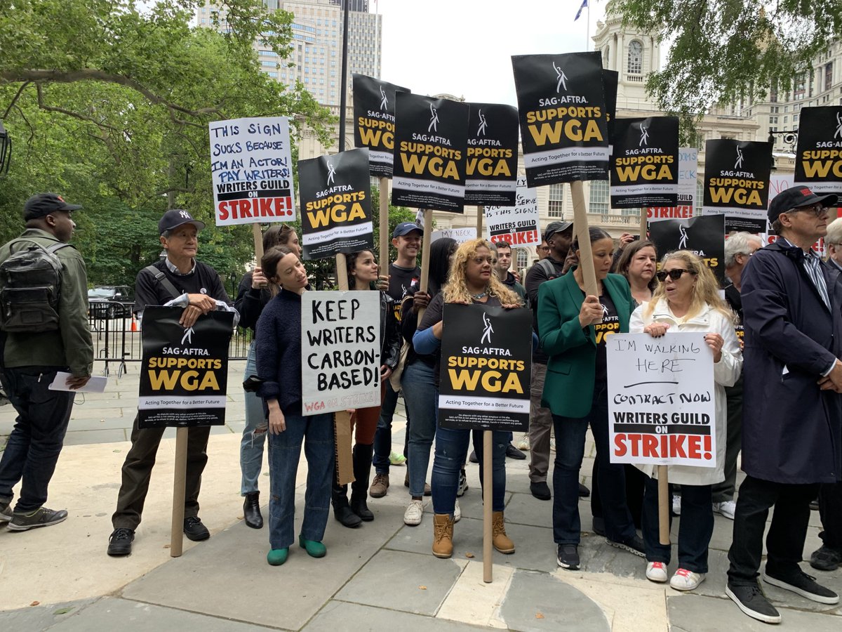 DEADLINE's tweet photo. On the scene at the WGAE/City Council rally in NYC today #WritersStrike

📸 Sean Piccoli/Deadli https://t.co/OKjrUG3QS1