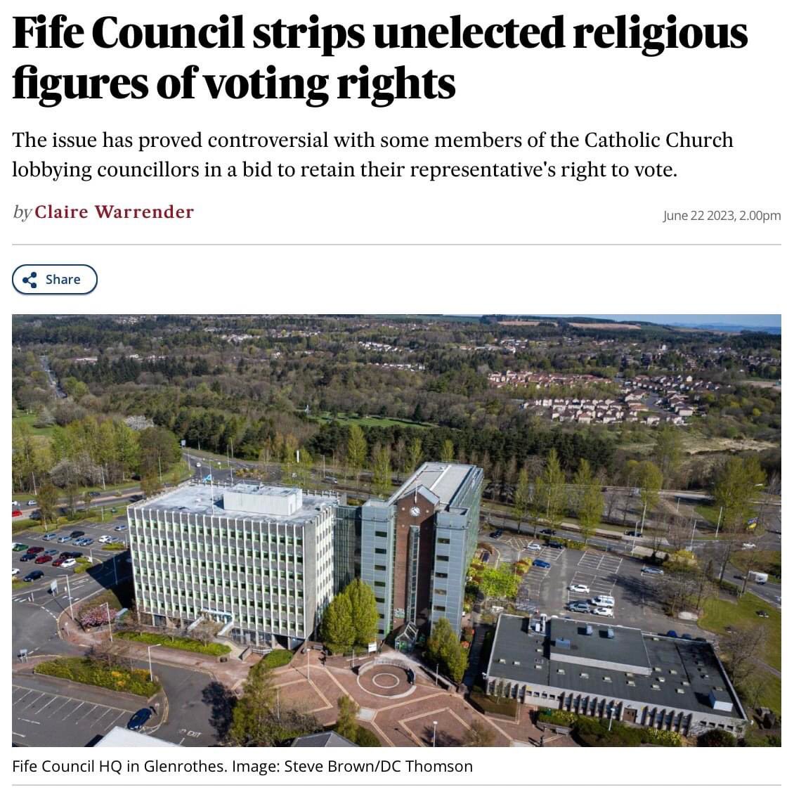 I'm pleased to say that a majority of Councillors backed my proposal today to end the practice of unelected religious reps. having a vote on the Council. 

It is an outdated practice and will now no longer happen in Fife. 

Now, how do we remove bishops from the House of Lords?