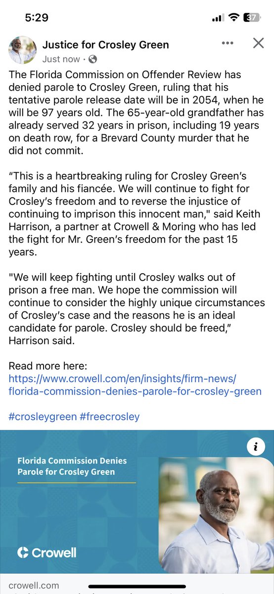 Crosley Green was denied parole today. I feel physically ill. #FreeCrosleyGreen