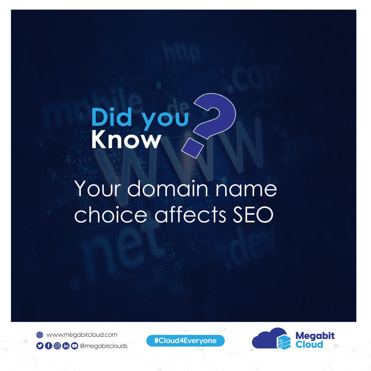 megabitclouds's tweet photo. Yes, your #domainname choice does affect #SEO but not significantly. A targeted keyword in your domain name is a good sign of an effective domain name.

Visit https://t.co/wZckRo0mE7 to register your domain name today.

#Cloud4Everyone #DomainNameForSale #SEO https://t.co/7oIQa2P5JS