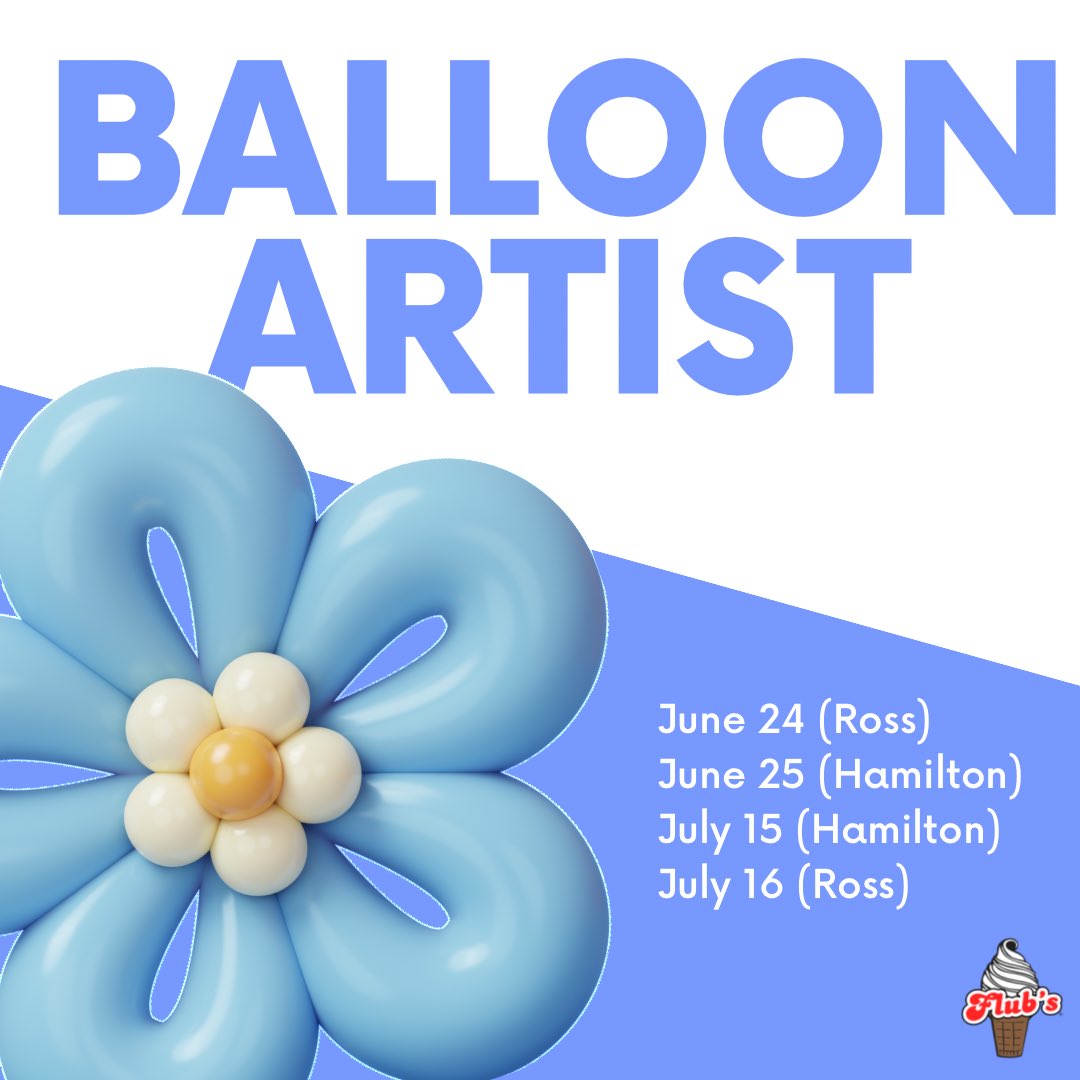 Flubs_IceCream's tweet photo. Bring your family, bring your friends! We will be having a balloon artist at our Ross and Hamilton locations this weekend. Come stop by! 🍦🎈 https://t.co/DSJnugKre5