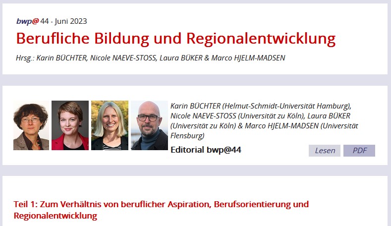 #bwpat Ausgabe 44 "Berufliche Bildung und Regionalentwicklung" ist online auf bwpat.de. Ein Danke an die Hrsg Karin Büchter, Nicole Naeve-Stoss, Laura Büker und Marco Hjelm-Madsen und den 17 Autor*innen!
@twit_nicnae <a href="/karlwilbers/">Berufsbildung 4.0</a> @LWindelband <a href="/wbv_de/">wbv Publikation</a> <a href="/BIBB_de/">BIBB</a>