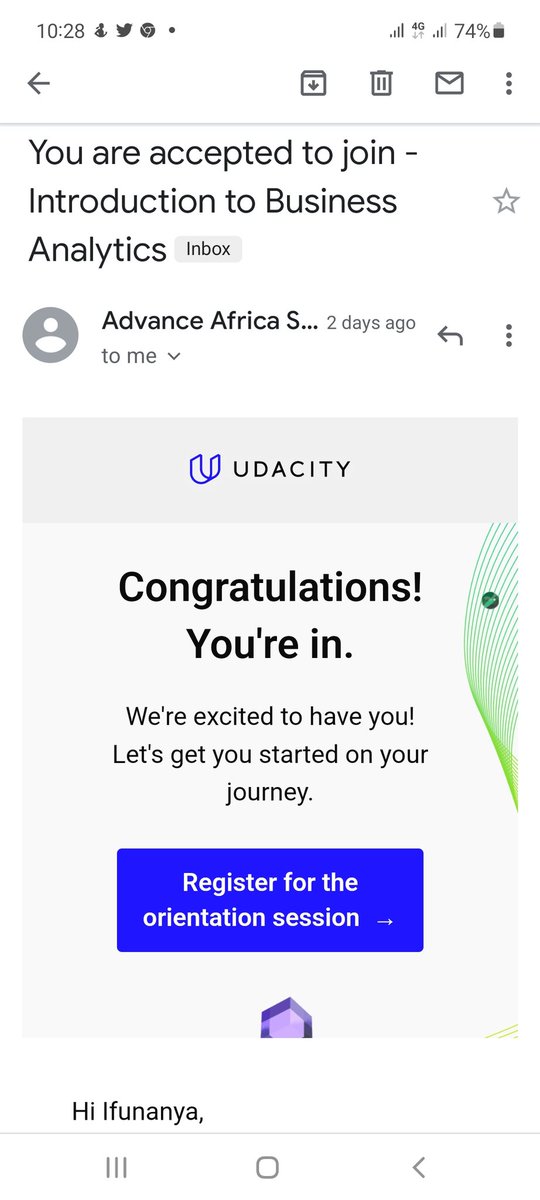 I'm glad I got the @myaccessbank  and @udacity Advanced Africa scholarship to study Business Analytics.

Here's to another stage of learning, upskilling and making more informed decisions. 
Thanks so much for the opportunity @udacity and @myaccessbank .