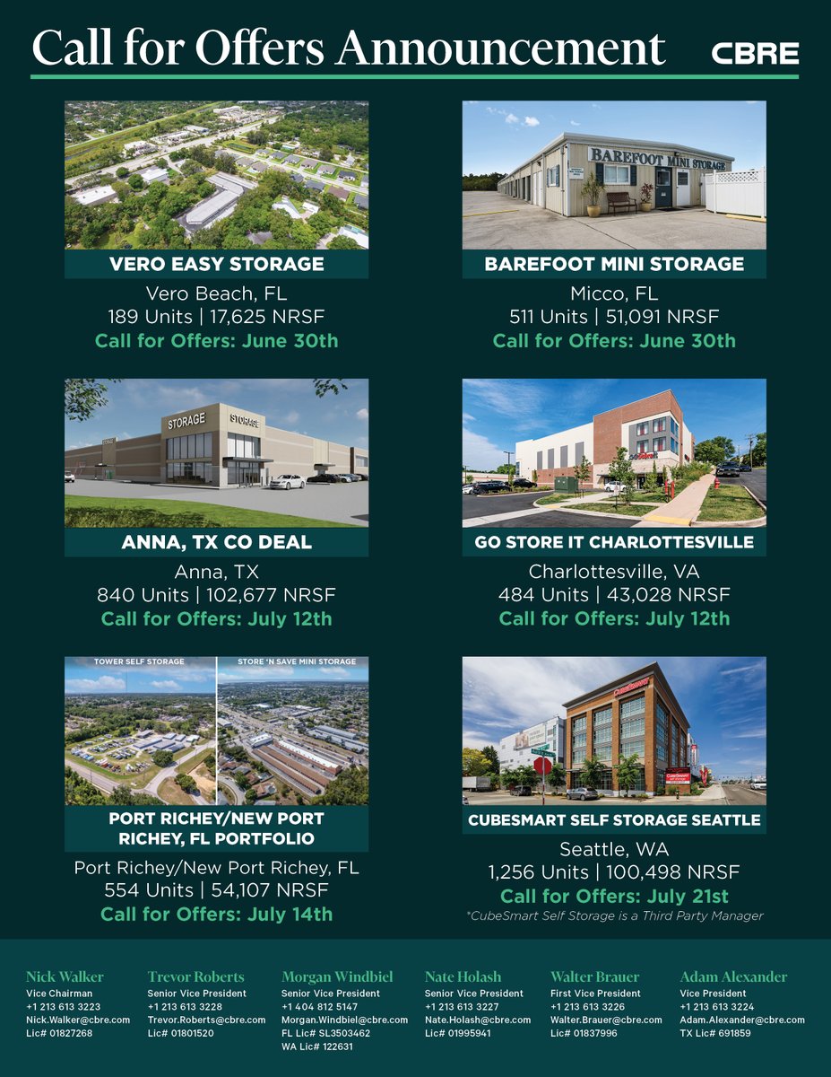 Call for Offers Announcement
 To view our available properties:  selfstorageadvisory.com
 #CallForOffers #CBRE #SelfStorage #InvestmentProperties #CapitalMarkets #CBRESelfStorage