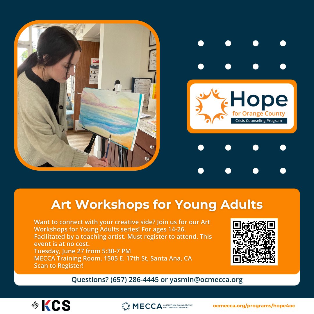 Connect with your creative side at an Art Workshop for Young Adults! More at linktr.ee/ocmecca

#ocmecca #hopefororangecounty #crisiscounseling