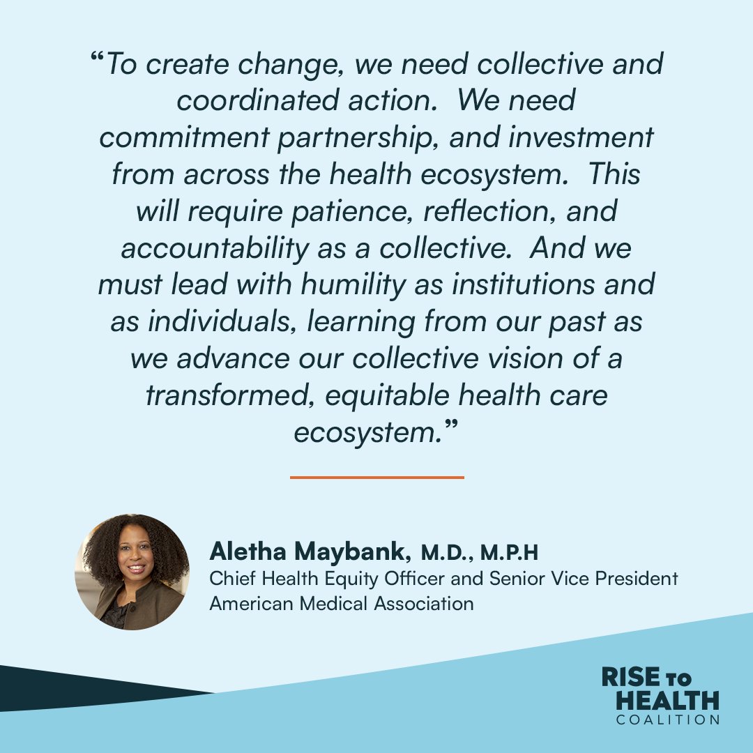 Health equity cannot be achieved alone. As @AmerMedicalAssn Chief Health Equity Officer and Senior Vice President, @DrAlethaMaybank, MD, MPH put it - we need to be collective. Become a committed member of our national coalition at RiseToHealthEquity.org, #werisetohealth