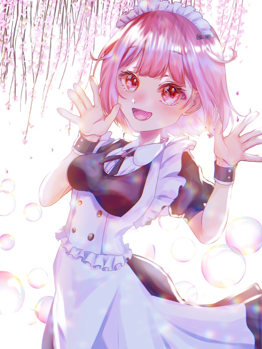 1girl maid maid headdress solo pink hair apron pink eyes  illustration images
