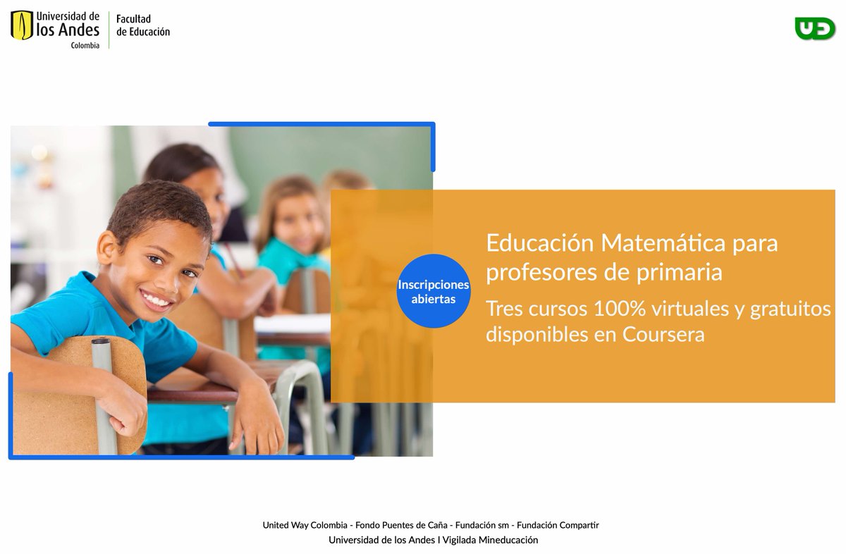 ¡Buen cierre de periodo escolar! Es hora de recargar baterías.  Conoce más de nuestro programa en bit.ly/2UoWLIj  
<a href="/FCompartirCol/">Fundación Compartir</a> <a href="/Fundacion_SM/">Fundación SM</a> <a href="/coursera/">Coursera</a> <a href="/FacuEducacion/">Facultad Educación | Uniandes</a>
#primaria #educaciónprimaria #matemática #educaciónmatemática #mooc