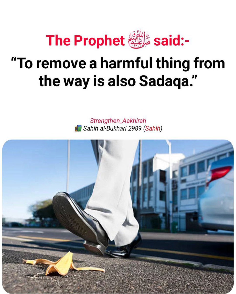 The Prophet Muhammad SAW said: 'To remove a harmful thing from the way is also Sadaqa' Sahih al-Bukhari 2989