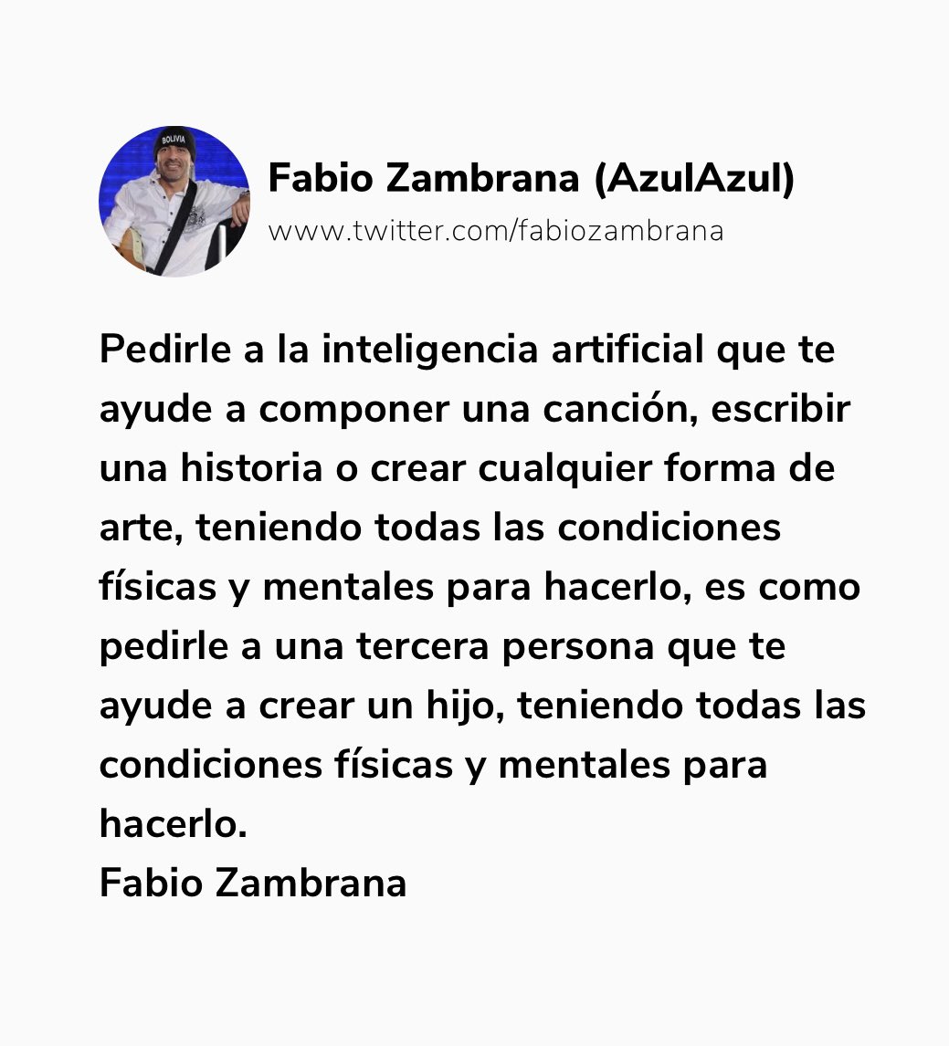 La inteligencia artificial y la composición de canciones.
Fabio Zambrana
#Inteligenciaartificial #componer #canciones #FabioZambrana #Frase