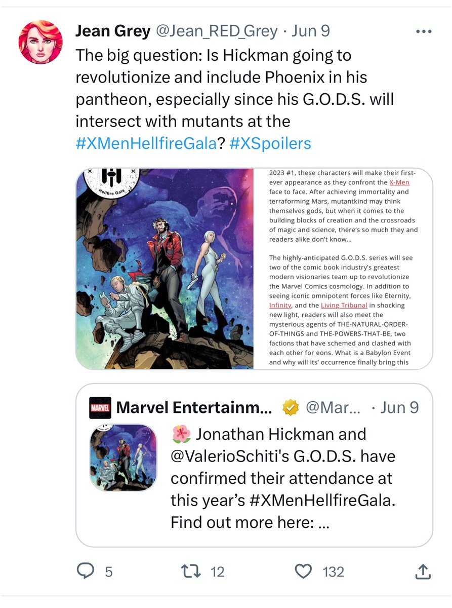 Hickman reverted Jean to Marvel Girl for a Phoenix-related reason. His series GODS will “revolutionize the Marvel Comics cosmology.” White has said Jean’s solo will “connect” with another series “in a surprising way.” Brevoort confirms GODS will link with other series. #XSpoilers