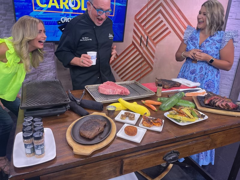 PerrysDining's tweet photo. Shout out to @CarlyBraggTV  and @AmberFreemanTV  for having our very own @chefmoonen  on @MyCarolinaCBS17  this morning! 🎥

Listen in to hear his tips and tricks for this grilling season with our 40 oz Porterhouse for Two and how to customize each steak! https://t.co/Zn5ozCvGIo