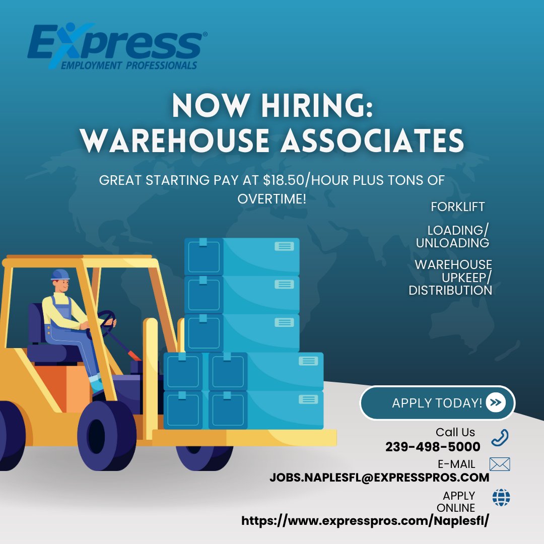 Top company in Naples looking for warehouse associates! Great starting pay at $18.50 an hour with TONS of OVERTIME! Call us TODAY to get set up with your career!