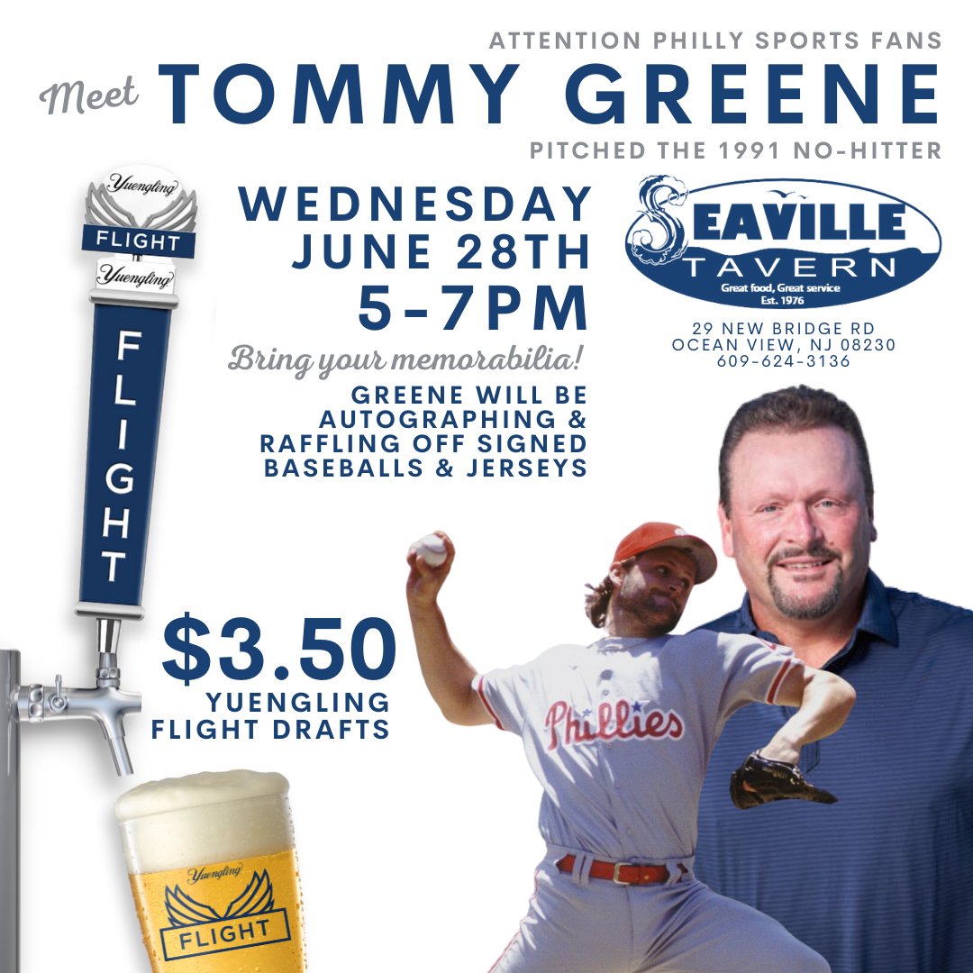 ⚾ #NextWeek, head over to the Seaville Tavern in #OceanView on 6/28 from 5 - 7 PM to meet former baseball star, Tommy Greene! Enjoy a $3.50 #YuenglingFlight Draft &amp; get your memorabilia autographed! There will also be giveaways 😍👀⚾ See you there?!