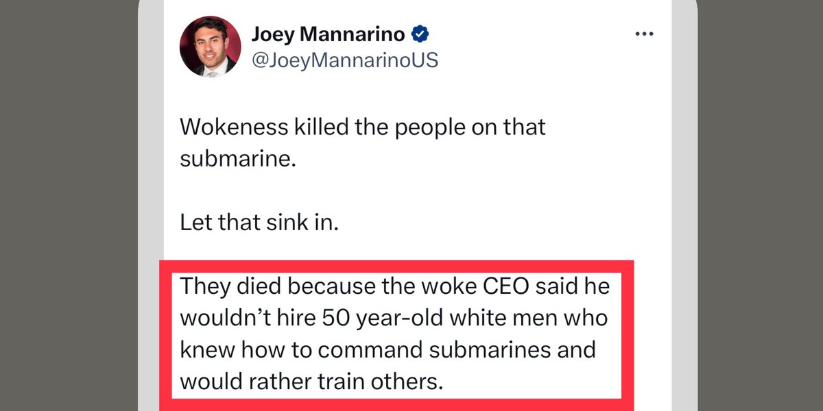 USMCLiberal's tweet image. Hiring less experienced workers and skirting regulations in an effort to save money — is the hallmark of a capitalist conservative ideology.

There’s nothing “woke” about it.

#Titan #Implosion