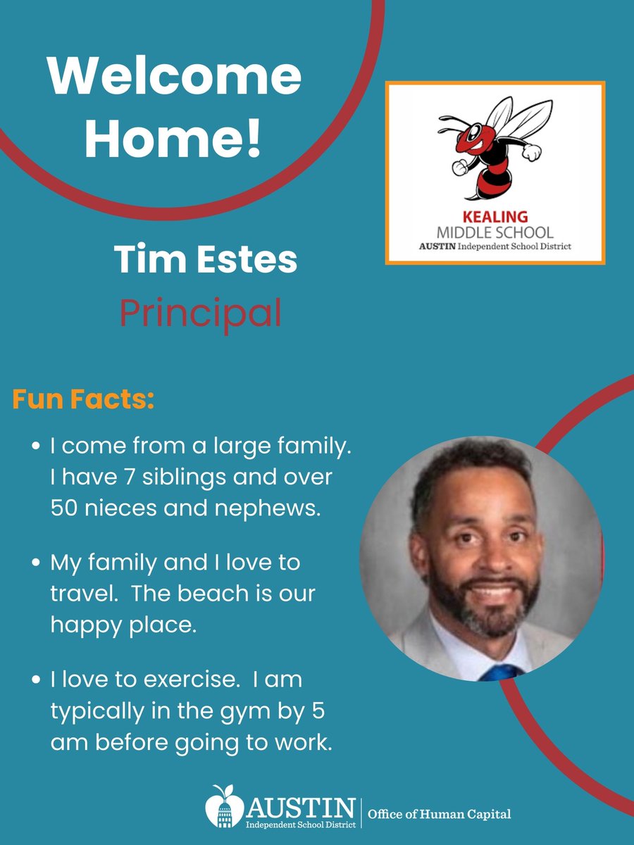 Welcome home, Tim Estes! 🌟  
We can't wait to see the great things that you are going to do at Kealing Middle School this year! 🍎 #AISDjoy #AISDProud @AustinISD @KTXHornets @AISD_OSL
