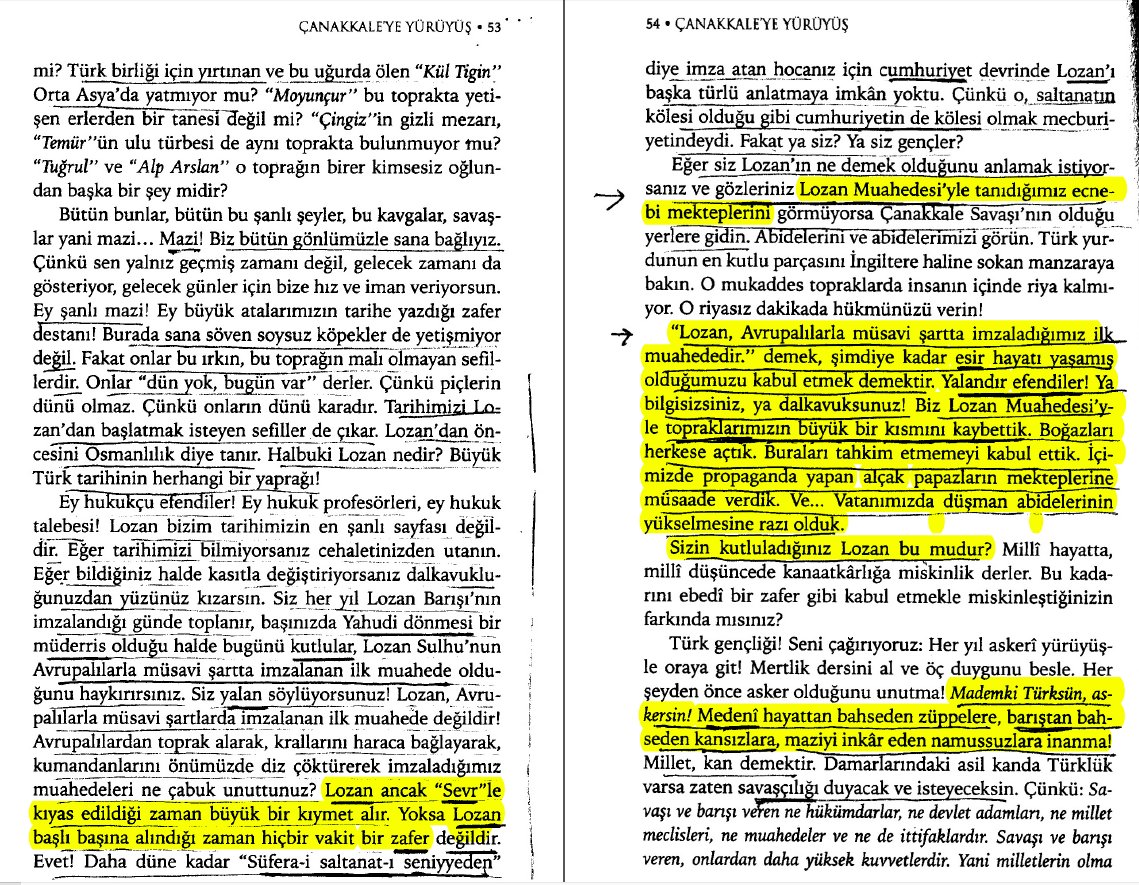 Lozan karşıtılığı, K.Mısıroğlu'nun 'Lozan Zafer mi Hezimet mi?' (1965) kitabından tam 32 yıl önce H.N.Atsız'ın 1933'te yayınlanan 'Çanakkale'ye Yürüyüş' kitabında görülmektedir. H.N.Atsız Lozan karşıtlığında Atatürk düşmanı Mısıroğlu, Kısakürek vs İslamcı yazarların öncüsüdür.