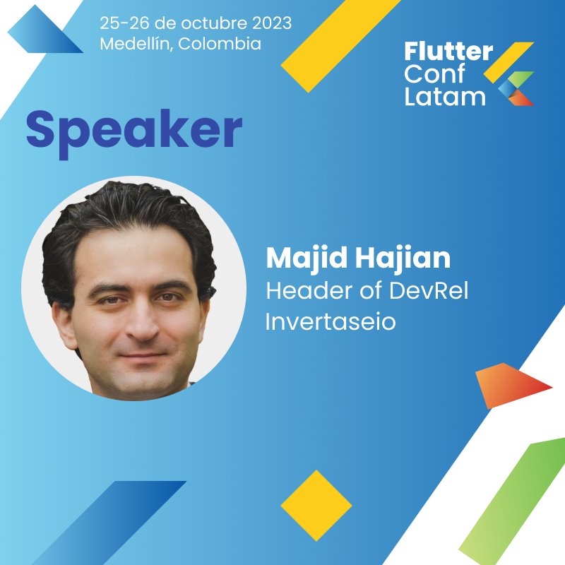 FlutterConfLAT's tweet image. We&apos;re thrilled to announce this amazing speaker for #FlutterConfLatam! 🤩 Majid Hajiam is Header of DevRel at @invertaseio

¡Estamos emocionados de anunciar a este increíble ponente en #FlutterConfLatam! 🤩 Majid Hajiam es Head of DevRel en @invertaseio
@mhadaily